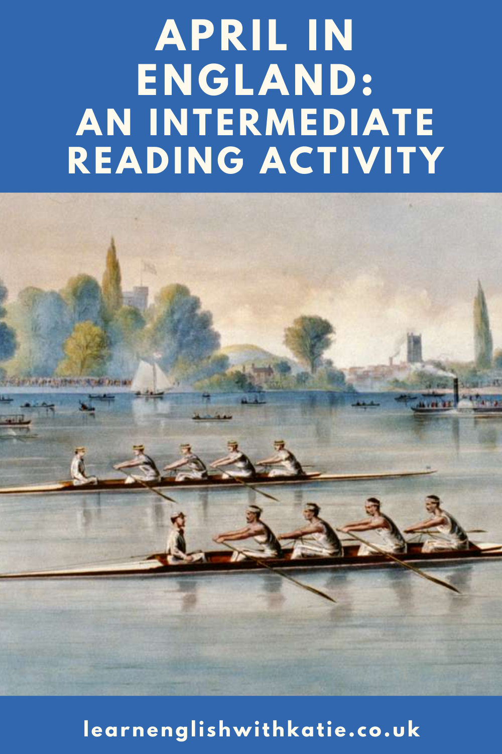 Pinterest image showing a painting of the boat race