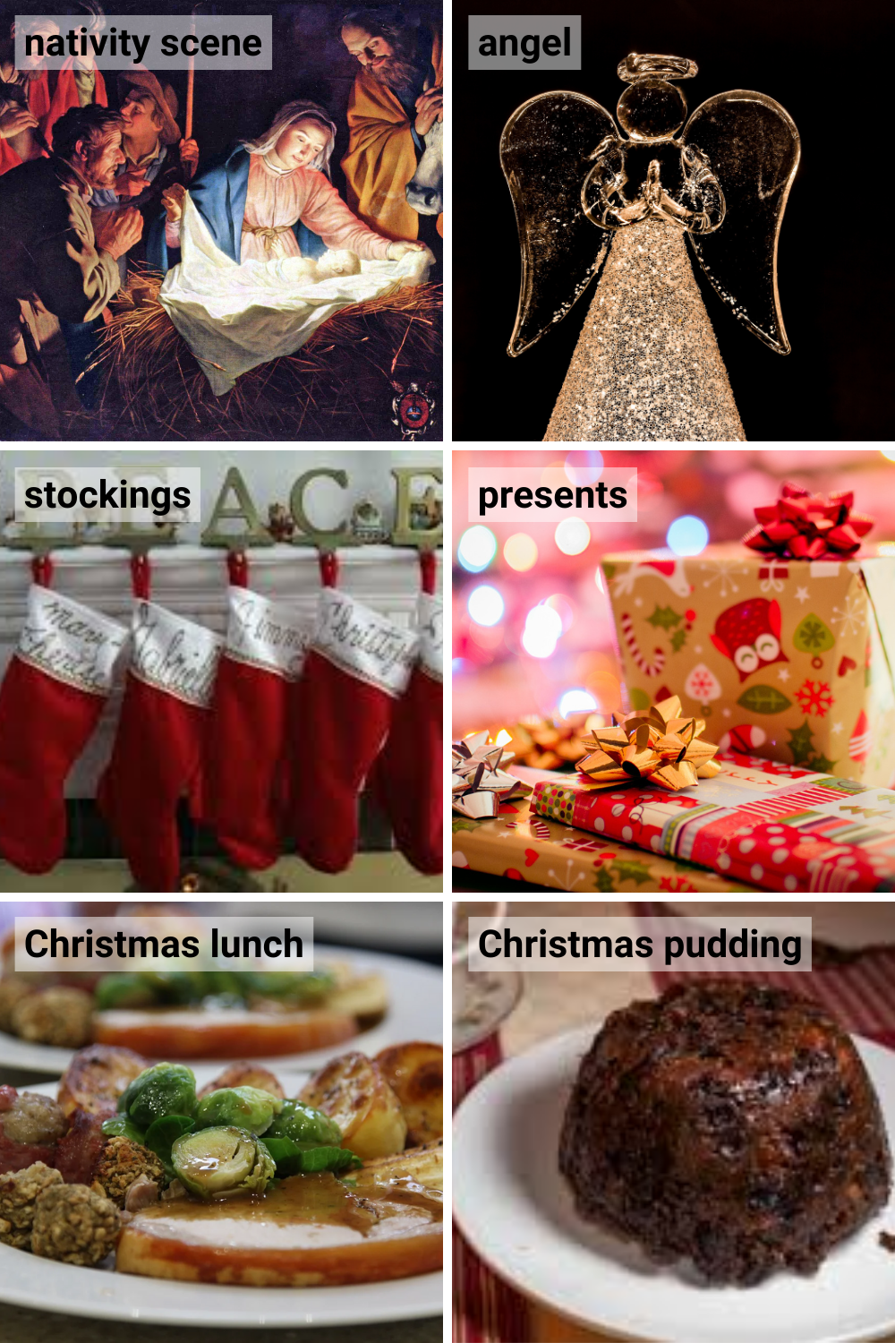 Picture dictionary showing nativity scene, angel, stockings, presents, Christmas lunch and Christmas pudding