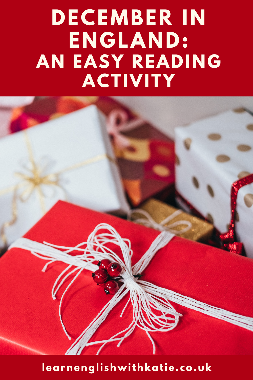 Pinterest pin showing image of Christmas presents.