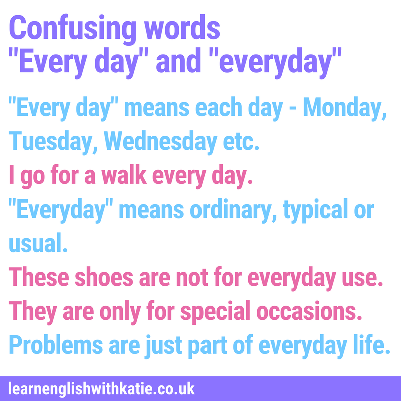 Infographic explaining the difference between every day, two words, and everyday, one word.
