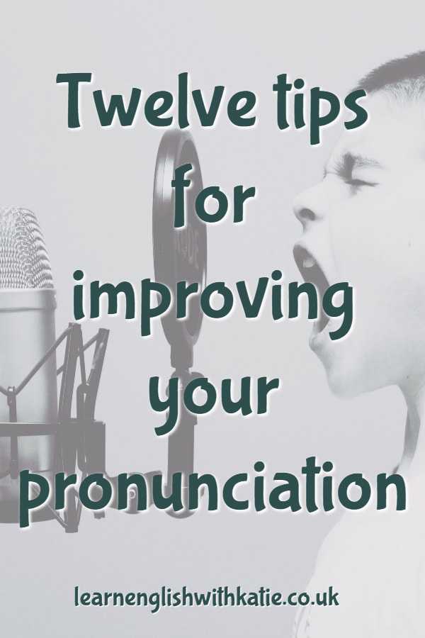Pinterest image. Boy shouting into a microphone. Text reads tips for improving your pronunciation