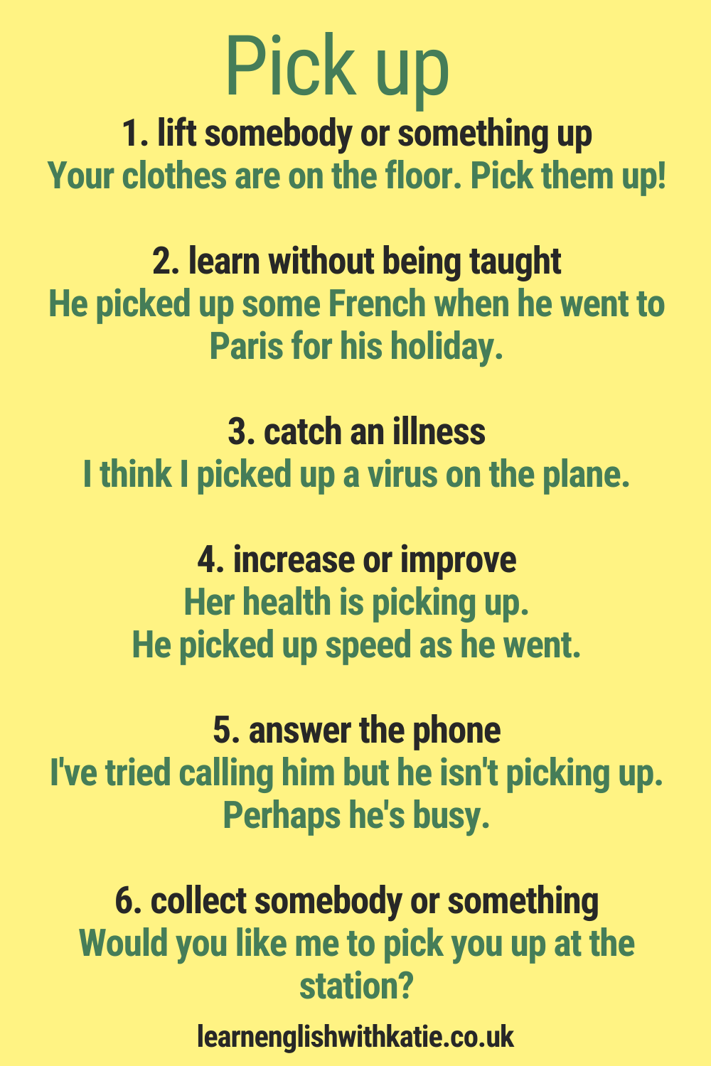 Infographic showing six meanings of the phrasal verb pick up.