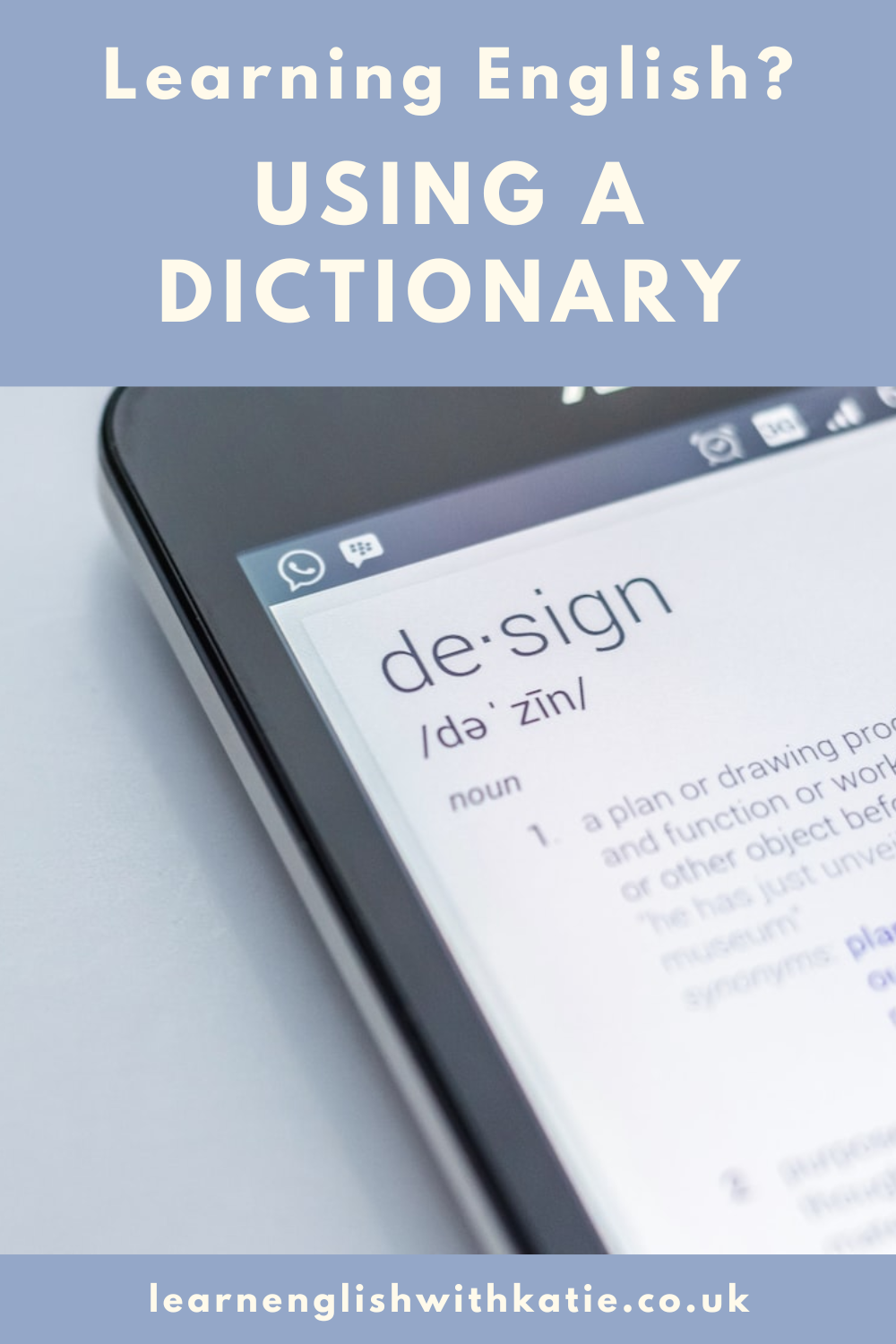 Pinterest pin showing a dictionary app on a smartphone