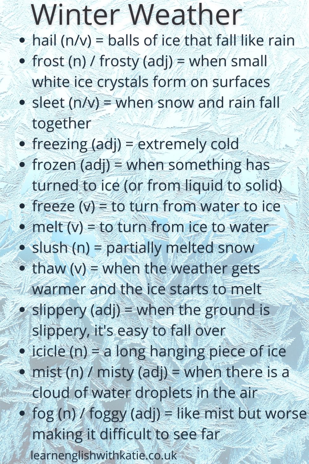 Pinterest pin listing winter weather vocabulary