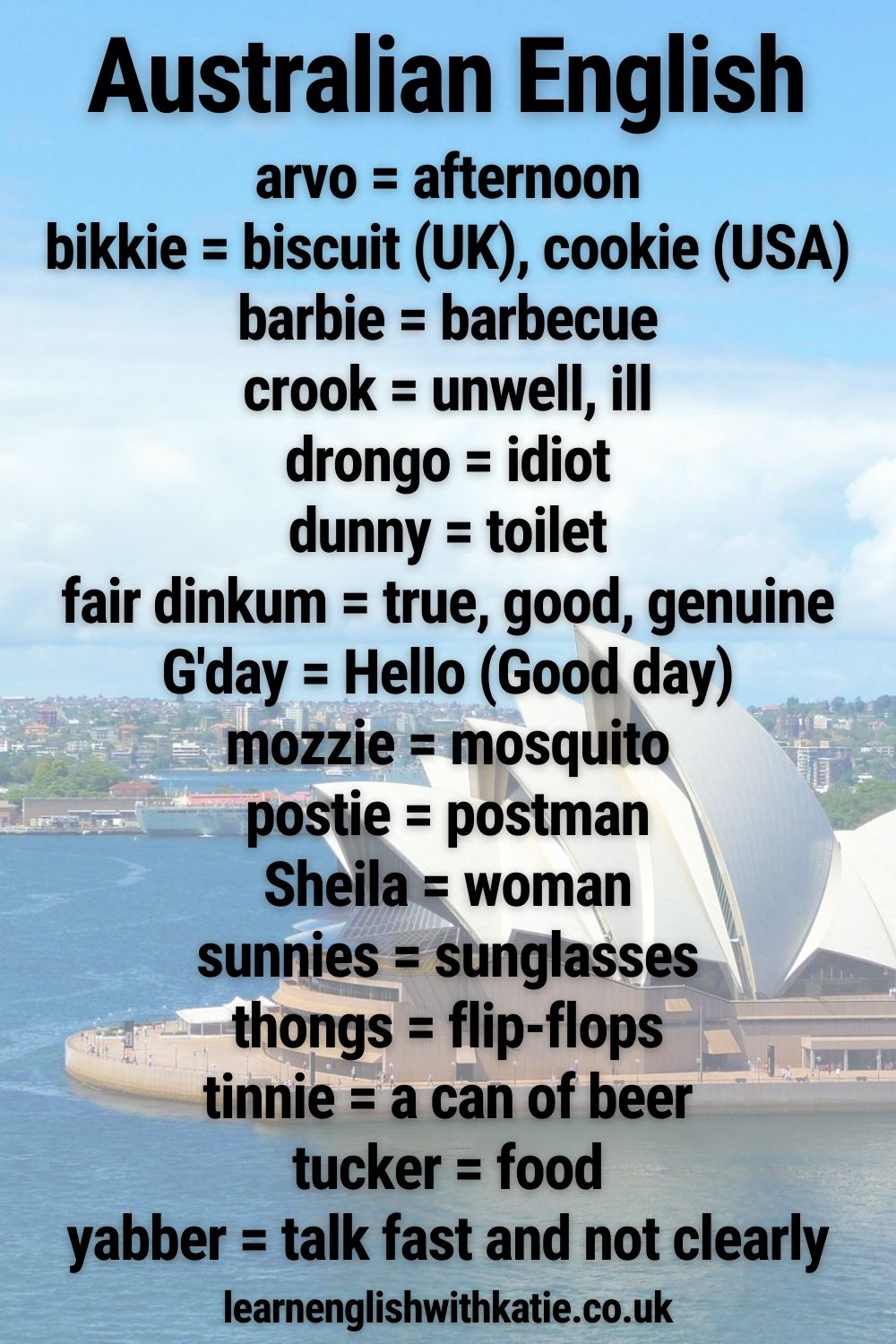 Pinterest pin showing a list of Australian English words over an image of the Sydney opera house.