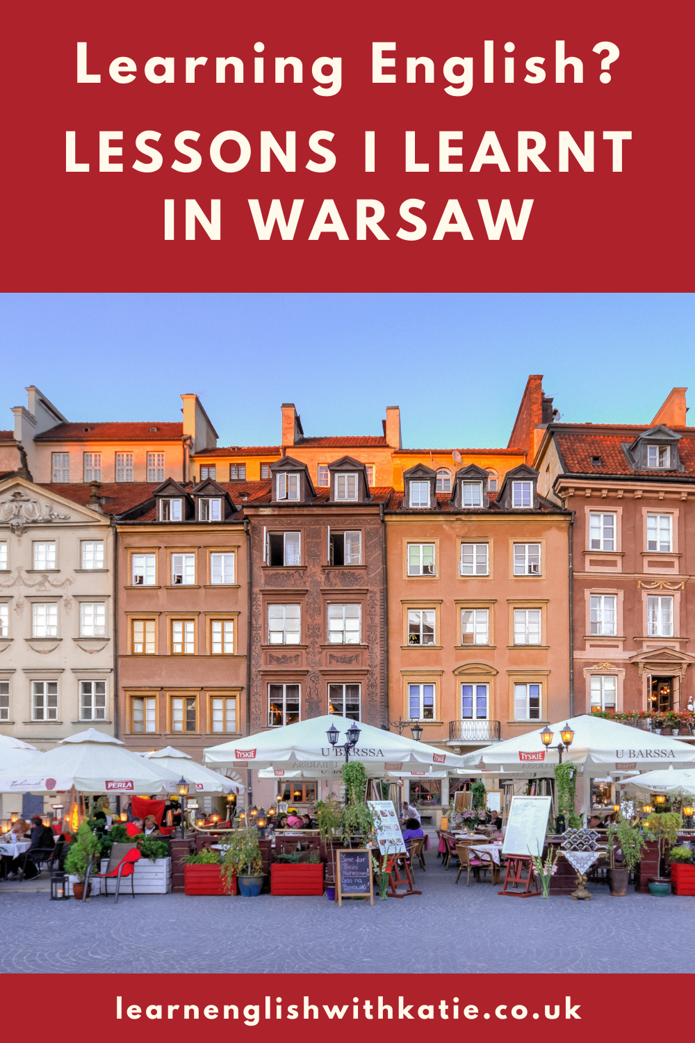 Pinterest pin showing image of the old town in Warsaw