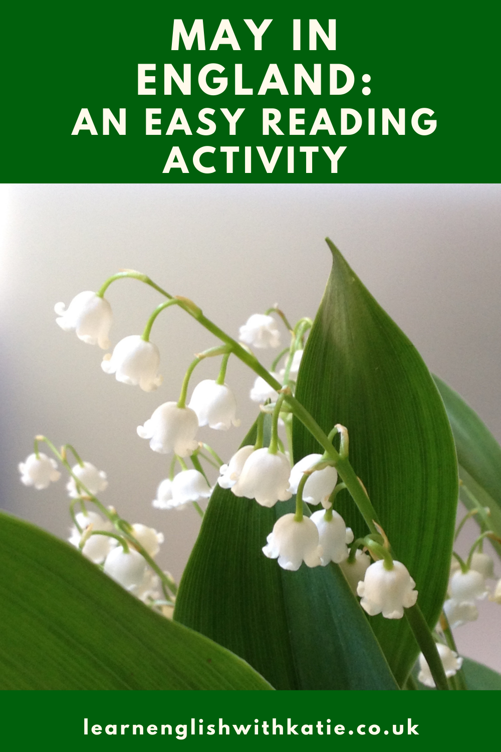 Pinterest pin. Image of lily of the valley. Text reads May in England and easy reading activity.