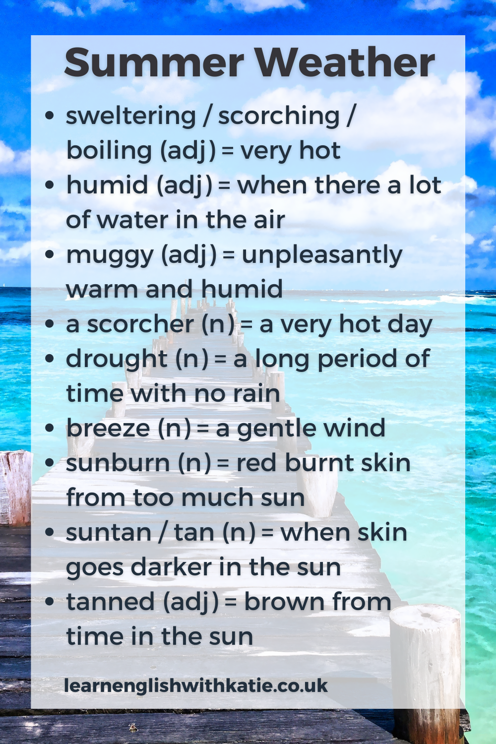 Pinterest pin showing vocabulary list and a tropical beach in the background